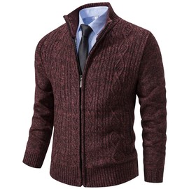 Msmsse Mens Casual Stand Collar Cardigan Zip Up Cable Knitted Sweater with Pockets Wine Red L