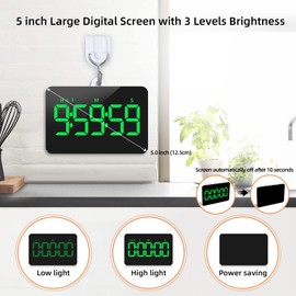 XREXS LED Dynamic RGB Timer, 6 Fixed Colours and 4 Gradient Colours, Digital Kitchen Timer, Timer with 5 Inch Display, Adjustable Brightness and Volume, Magnetic Timer for Kitchen/Meeting/Class