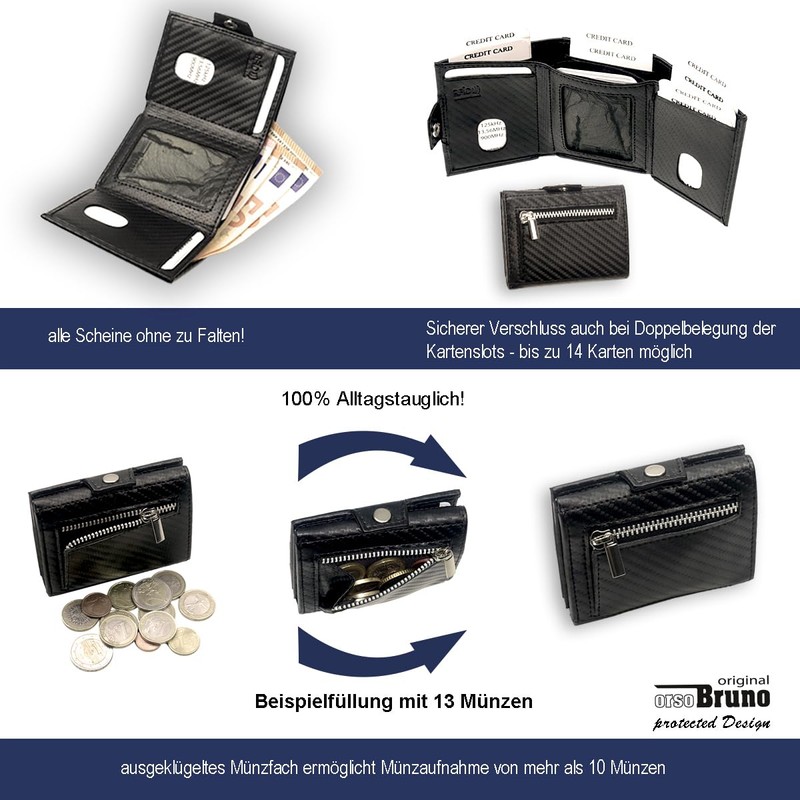 Slim Wallet Deluxe, Carbon leather black with coin compartment small,
