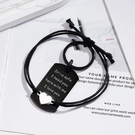 VULETO Gifts for Husband Boyfriend Lover, Drive Safe Keychain Dog Tag I Need You Here With Me Heart Bracelet Fathers Christmas Valentines long Distance Relationship