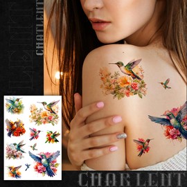 CHARLENT Watercolor Hummingbird Temporary Tattoos for Women - 9 Large Sheets Hummingbird Tattoo with Flowers, Waterproof Fake Body Art Birds Tattoo Stickers