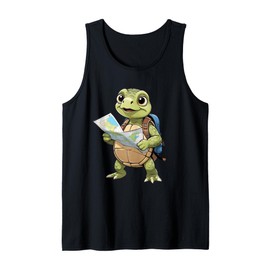 Cartoon Turtle Traveling with Map and Backpack Illustration Tank Top