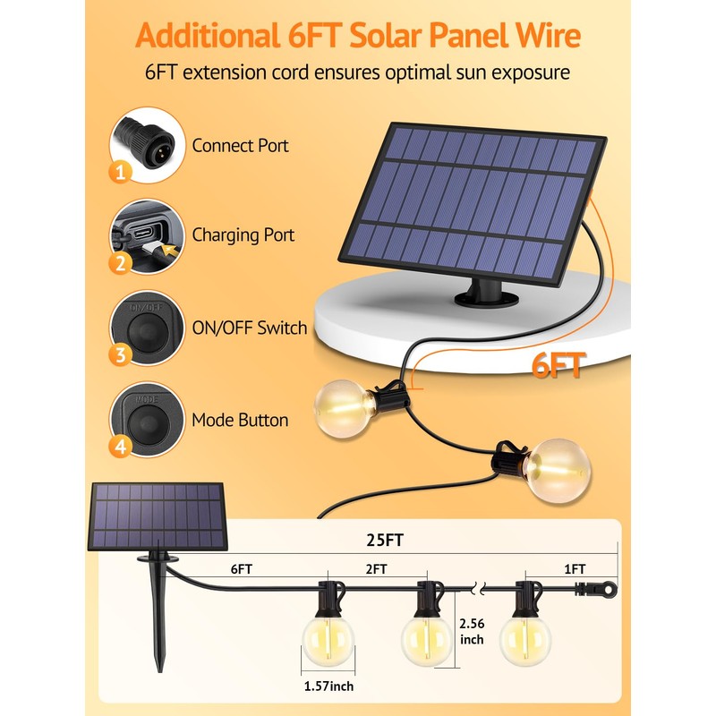 Larkvue 25FT Solar String Lights Outdoor with Remote, Waterproof Dimmable