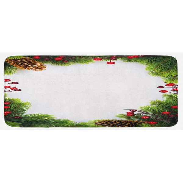 Ambesonne Christmas Kitchen Mat, Xmas Frame with Holly Berry Pine