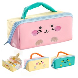 VTYFRY Cute Kawaii Pencil Case Pouch with Handle Cartoon Animal Large Capacity Pen Box Holder Organizer for Office Workspace Supplies Desk Accessories Travel Essentials Trendy Gift (Pink Bunny)