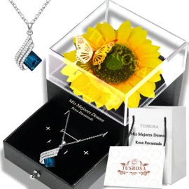 Flores De Girasoles Eterna con Luz LED y Collar de Zafiro, Girasol Eterno Regalo Elegante para Aniversario, Día Internacional de la Mujer 8 de Marzo, Cumpleaños y Celebraciones Especiales en Marzo