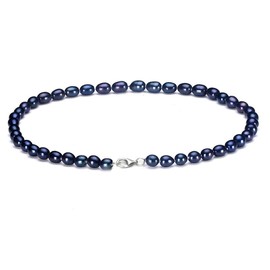 Treasure Bay FAB Elegant 7-8mm Rice Shape Freshwater Pearl Necklace Bracelet and Earring Jewellery Set for women and Girls (Black)