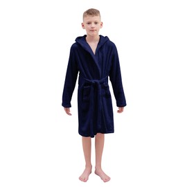 Boy's Flannel Robes, Soft Hoodie Warm Solid Royal Flannel Sleepwear Cosplay Bath Robe with Belt for Kids, Navy, 6 Years = Tag 130