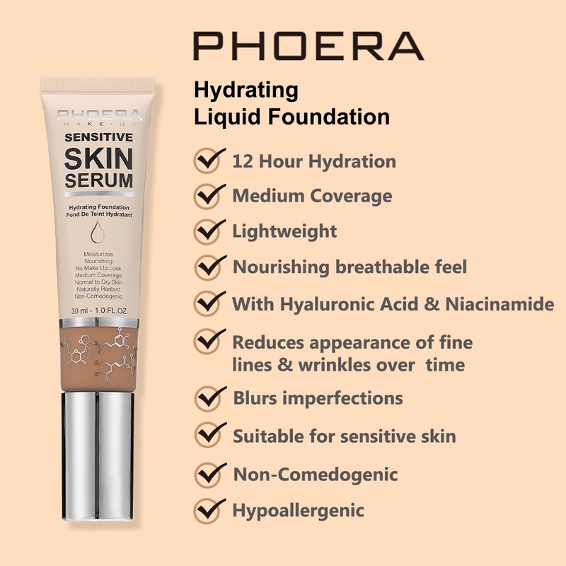 PHOERA Hydrating Serum Foundation,Makeup Base Foundation Hypoallergenic and Flawless Full