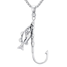 SIMONLY Fish Hook Necklace for Men 925 Sterling Silver Fish Pendant Necklace Fish Jewelry for Fishing Enthusiasts Christmas Father Day Gift