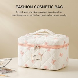 HBselect Quilted Makeup Bag, Cotton Large Travel Makeup Bag, Cute Floral Coquette Cosmetic Bags Toiletry Bags for Women Girls (Pink Bow-K)