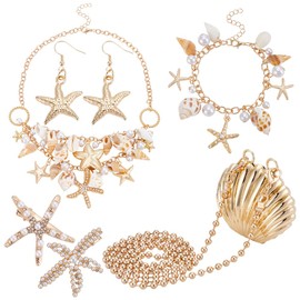 UNICRAFTALE Women Mermaid Jewelry Shell Necklace Choker Conch Starfish Pearl Necklace Bracelets Purse Seashell Summer Beach Earrings Hair Clip Costume Accessories Gold Bohemian Jewelry for Gifts