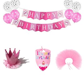 Petank Dog Birthday Party Decorations,Pet Birthday Party Supplies with Cute Pink Tutu Skirt Outfit,Happy Birthday Banner,Crown Hat for Dog Birthday Set (Pink)