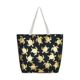 Styline Black Gold Foil Sea Turtle Tote Bag with Matching Pouch Summer Travel Beach