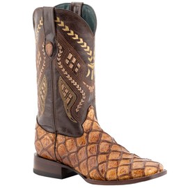 Ferrini Men's Bronco Pirarucu Print Square Toe Leather Heeled Western Boots, Cigar, 9