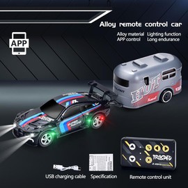 Hotfree 1/64 Mini RC Drift Car, Alloy M4 Racing Car with Trailer, 2.4GHz Remote & APP Control, 3-Speed Modes, LED Lights, USB-C Charging, Indoor & Outdoor Toy, Birthday Christmas Gift for Kids & Adults:_Black with Trailer