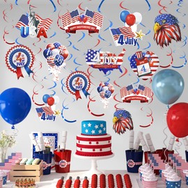 PatiCool 30 PCS 4th of July Hanging Decorations,Red White Blue USA Patriotic Foil Hanging Swirl Ceiling Decor,America Independence Party Streamer for Fourth of July Veteran Day Party Supplies Decor