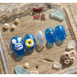 Snorkeling Bunny[Handmade Nail Tips] - Short Oval / 스노클링 버니[수제네일팁] - 숏 오벌