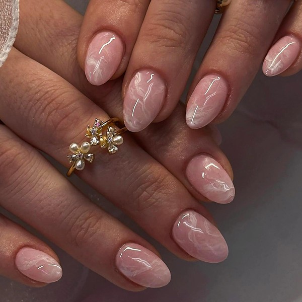 MERVF Press on Nails Medium Oval, Marble Design Fake Nails