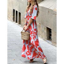 XNC Womens Summer Cross V Neck Short Sleeve Party Long Dresses Red Boho Floral Flowy Split Cocktail Maxi Dress with Pockets