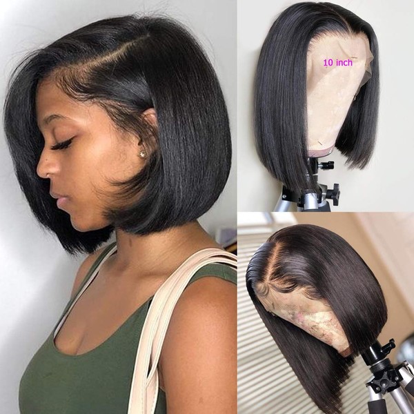 BLY Short Straight Bob Wigs for Women Brazilian Virgin Human Hair Lace Front Wigs (10inch) 13x4 Lace Part 150% Density Pre Plucked Natural Black Color