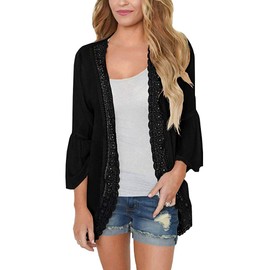 Camisunny - Cárdigan de Gasa para Mujer, Estilo Kimono con Estampado de chifón, para Cubrir la Playa, 007 Negro, Small