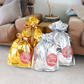 HEADS AM-AGO-RBM1 Christmas Wrapping Set, 17.7 x 24.8 x 5.9 inches (45 x 63 x 15 cm), M, Gold, 1 Piece, Ribbon Drawstring Bag with Seal,