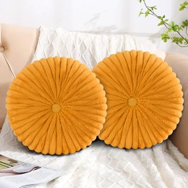 HIG Decorative Round Throw Pillows for Bed Couch -Set of 2 Handcraft Ruched Pumpkin Pillow, Soft and Durable Velvet Floor Pillow for Home Decor, Bed Living Room and Sofa (Orange,14"x14")(N60033)