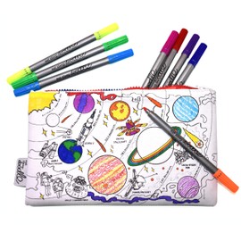 eatsleepdoodle Solar System Pencil Case for Kids w/ 10pk Washable Markers - 8.5x6in Coloring Space Pencil Pouch - Ultra Washable & Reusable Arts and Crafts for Kids