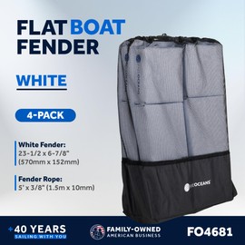 Five Oceans Contour Flat Boat Fender, Boat Fenders, Boat Bumpers for Docking, 4-Pack - 24-Inch, White, with 3/8-Inch x 5-Foot Fender Line and Convenient Storage Bag, Waterproof PVC Fabric - FO4681