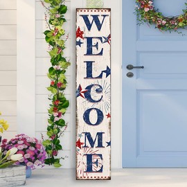 12x72"H Americana "Welcome" Wooden Porch Sign, 6ft Patriotic Farmhouse Decor For Front Porch, Rustic Patio Entryway Front Door Welcome Sign, USA Flag Home Wall Art, Outdoor Indoor Country Decoration