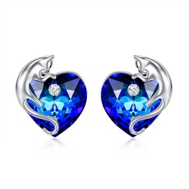 Cat Earrings for Women Sterling Silver Cute Kitty Cat Studs Earrings with Blue Crystals from Austria, Cat Jewelry Gifts for Cat Lovers