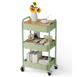 johgee 3 Tier Rolling Cart with Table top, Metal Rolling Utility Cart, Sturdy Storage Organizer Cart with Locking Wheels & Hooks for Office, Classroom, Kitchen and Bathroom