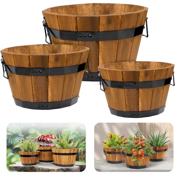 Idzo Set of 3 Wooden Flower Boxes Outdoor, Durable Acacia Wood Barrel Planters for Outdoor Plants with Ergonomic Handles, Drainage Holes, Multiple Sizes Wood Bucket Planter Light Brown