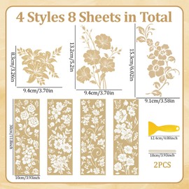 WANDIC 8 Sheets Gilding Flower Rub On Transfer Sticker, Gold Stamping Stickers Transfer Decals for DIY Photo Albums Furniture, 3.9 * 11.8in