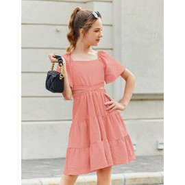 Arshiner Girls Coral Pink Dresses Square Neck Cut Out Shirred Party Cute Tween Dress Clothes