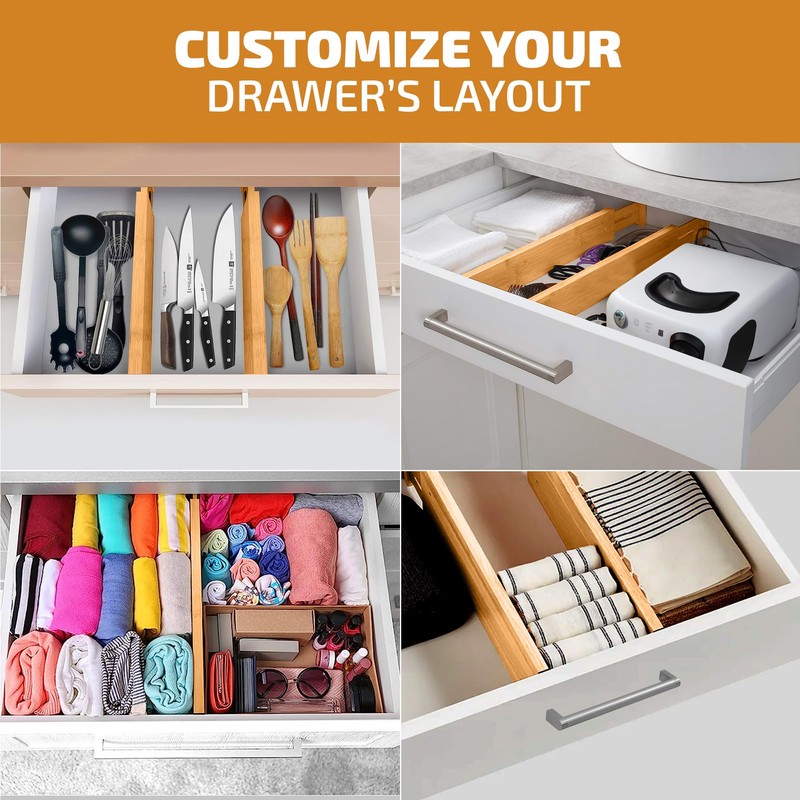 4 Pack Drawer Dividers Bamboo 2.6" High, 16-22" Adjustable Drawer