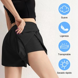 TOPONE Short Deportivo Mujer 2 In 1, Licra Pantalones Corta Secado rápido con Bolsillos, Ropa Aire Libre Cintura Alta Elástica para Correr, Ejercicio, Fitness, Yoga, Bikers, Running(Negro 2 Piezas-M)