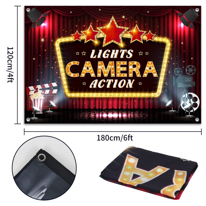 HAMIGAR 6x4ft Lights Camera Action Banner Backdrop - Movie Night