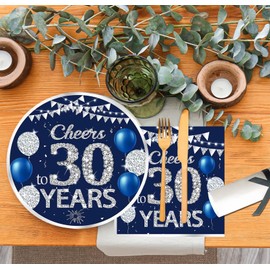 Blue and Silver 30th Birthday Party Decoration Supplies Napkins and Plates,Men Women 30th Birthday Dessert Plates and Napkins Dinnerware for Party Favors Serves 16