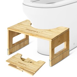 Kimitimi Bamboo Toilet Step Stool - 7" to 9" Adjustable Heights Squat Foldable Bathroom Stool for Adults & Kids, Non-Slip Squatting with Extra Lift for Healthy Posture