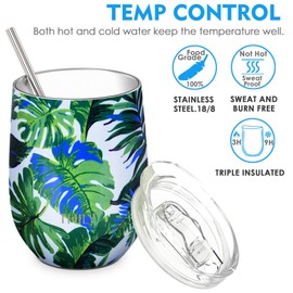 THILY Stemless Wine Tumbler Vacuum Insulated 12 oz Triple-Insulated Stainless Steel Wine Glass with Lid, Straw, Keep Cold for Coffee, Cocktails, Green Plants