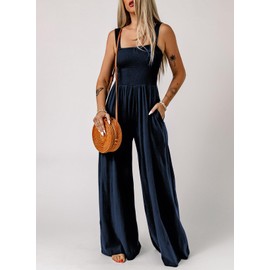 Dokotoo Loose Jumpsuits for Women Overalls Oversized Solid Color Wide Leg One Piece Sleeveless jumpsuit Long Pant Romper with Pockets 2025 Fashion Blue Large