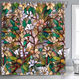 NTETSN Abstract Window Floral Bathroom Shower Curtain Stained Glass Window Green Leaves White Flowers Bathing Curtains Washable Plant Leaf Fabric Set with 12 Hooks 72 x 72 Inches YLOKNT0292