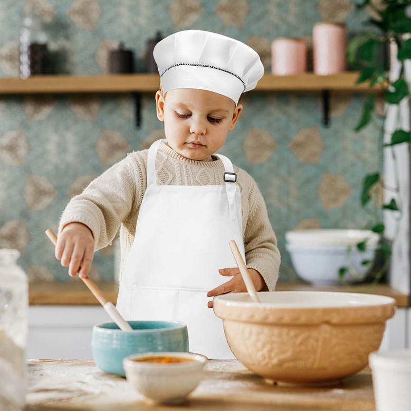 White Kids Apron and Chef Hat Set, Children Aprons for
