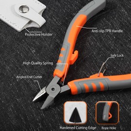 SPEEDWOX Side Cutter 5-Inch, Diagonal Cutting Pliers, Wire Cutting Nippers with Safety Lock and Protective Holster, Mini Precision Flush Cutters Tapered Head Wire Clippers for Narrow Areas