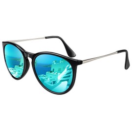 LINVO Women's Polarised Sunglasses Retro Round Vintage Designer Style UV400 Protection, 1 glossy black frame ice blue lens