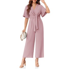 Cicy Bell Women's Elegant V Neck Jumpsuits Dressy Casual Short Sleeve Wide Leg Long Pants Rompers