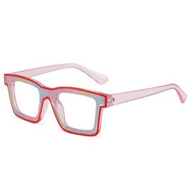 LJCZKA Quadratisch Blaulichtfilter Brille Damen Herren, Kristall Bling Dicker Rahmen Blaulichtbrille Eckig Anti-Müdigkeit Computerbrille für Gaming (Rot)