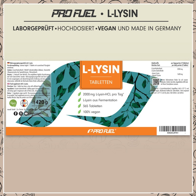 L-lysine tablets 365x - optimally high dose with 2000 mg